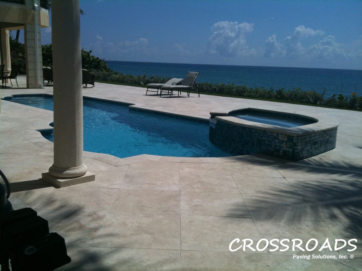 Natural stone paver pool deck